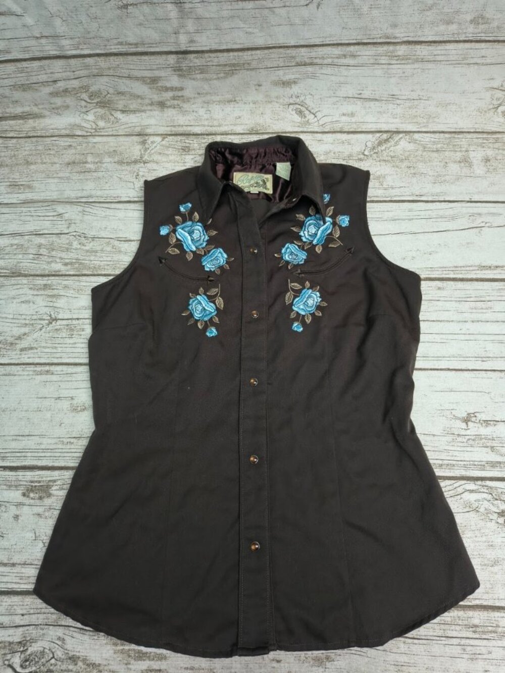 Roper Short Sleeve Brown and Blue Flower Embroidered Western Pearl Snap Size M